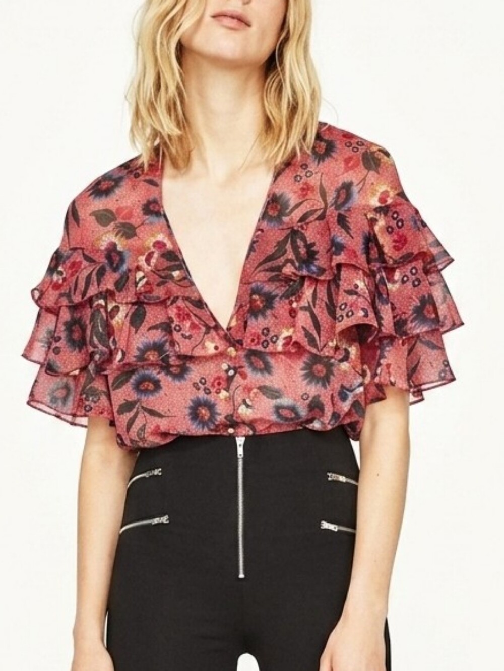 Zara Boho Ruffled Bodysuit Sheer Flowy Chiffon Wrap Deep Vneck Tiered